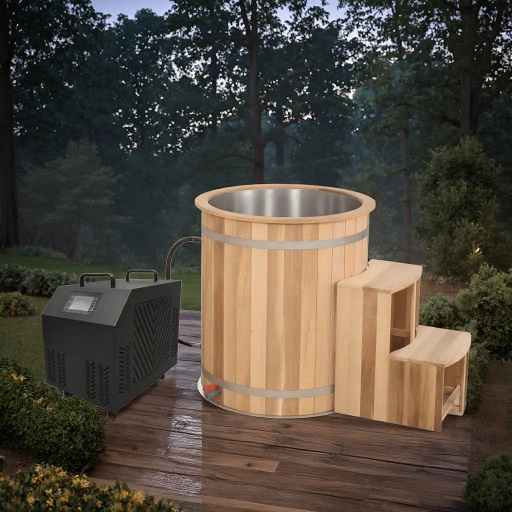Round Red Cedar Cold Plunge Tub, Cold Plunge Barrel for Human Cryotherapy, Spa & Muscle Recovery – Natural Wood Wellness Design HELIUS