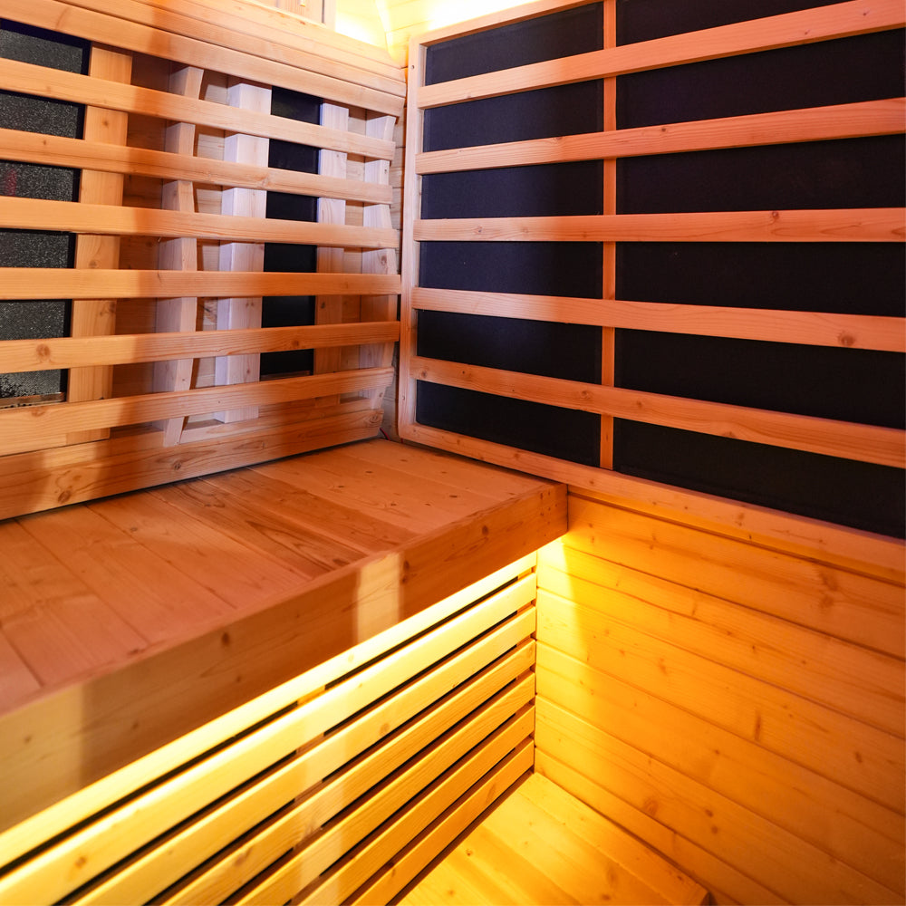 Outdoor Far Infrared Sauna for 4 Persons, Carbonized Spruce Wood Sauna Room with Dark Brown Tinted Glass, LED Chromotherapy Lights & Weather-Resistant Roof for Backyard/Patio Relaxation
