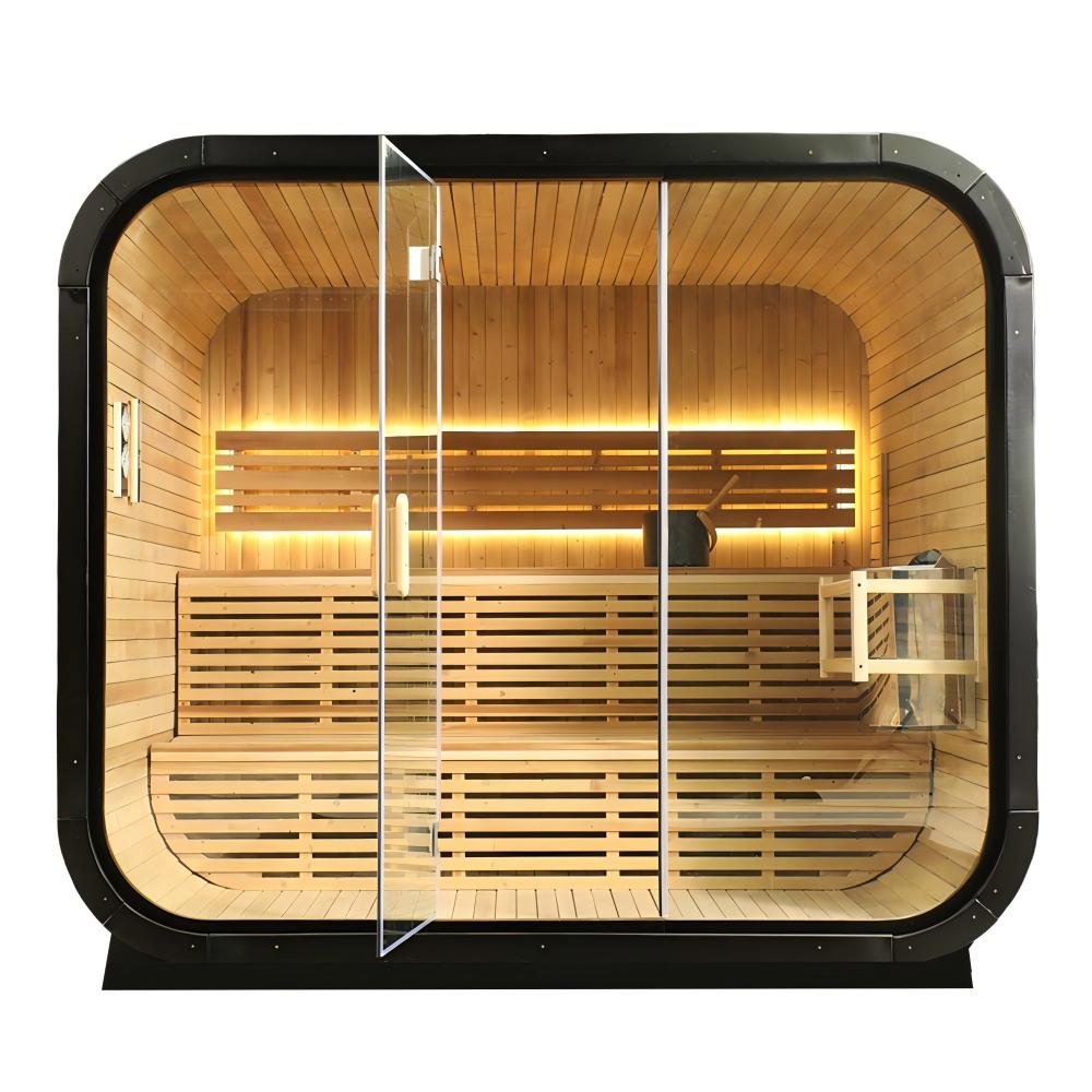 Outdoor Traditional Square Steam Sauna, Thermo Spruce Wood Sauna Room with Weatherproof Asphalt Shingle Roof, Home Spa Sauna Kit with Tempered Glass Door & Sauna Accessories, Outdoor Use for Relaxation