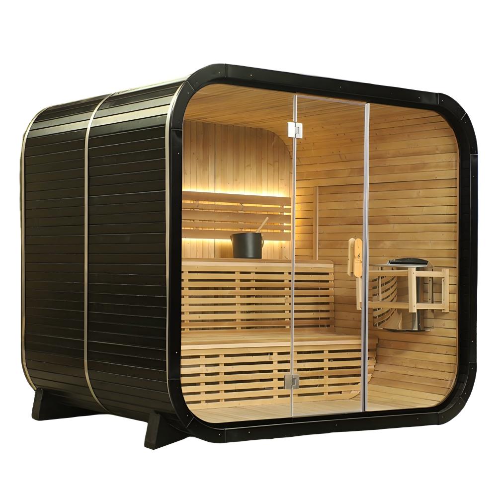 Outdoor Traditional Square Steam Sauna, Thermo Spruce Wood Sauna Room with Weatherproof Asphalt Shingle Roof, Home Spa Sauna Kit with Tempered Glass Door & Sauna Accessories, Outdoor Use for Relaxation