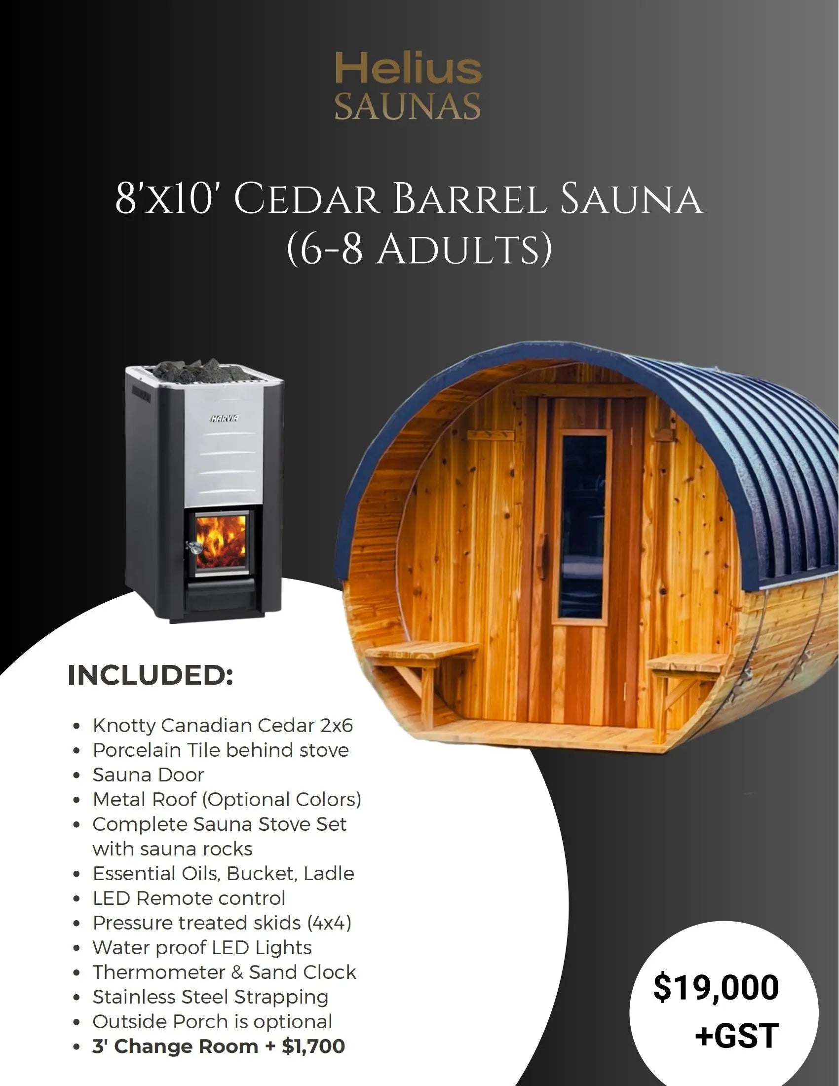 8'X10' CEDAR BARREL SAUNA(6-8 ADULTS) HELIUS