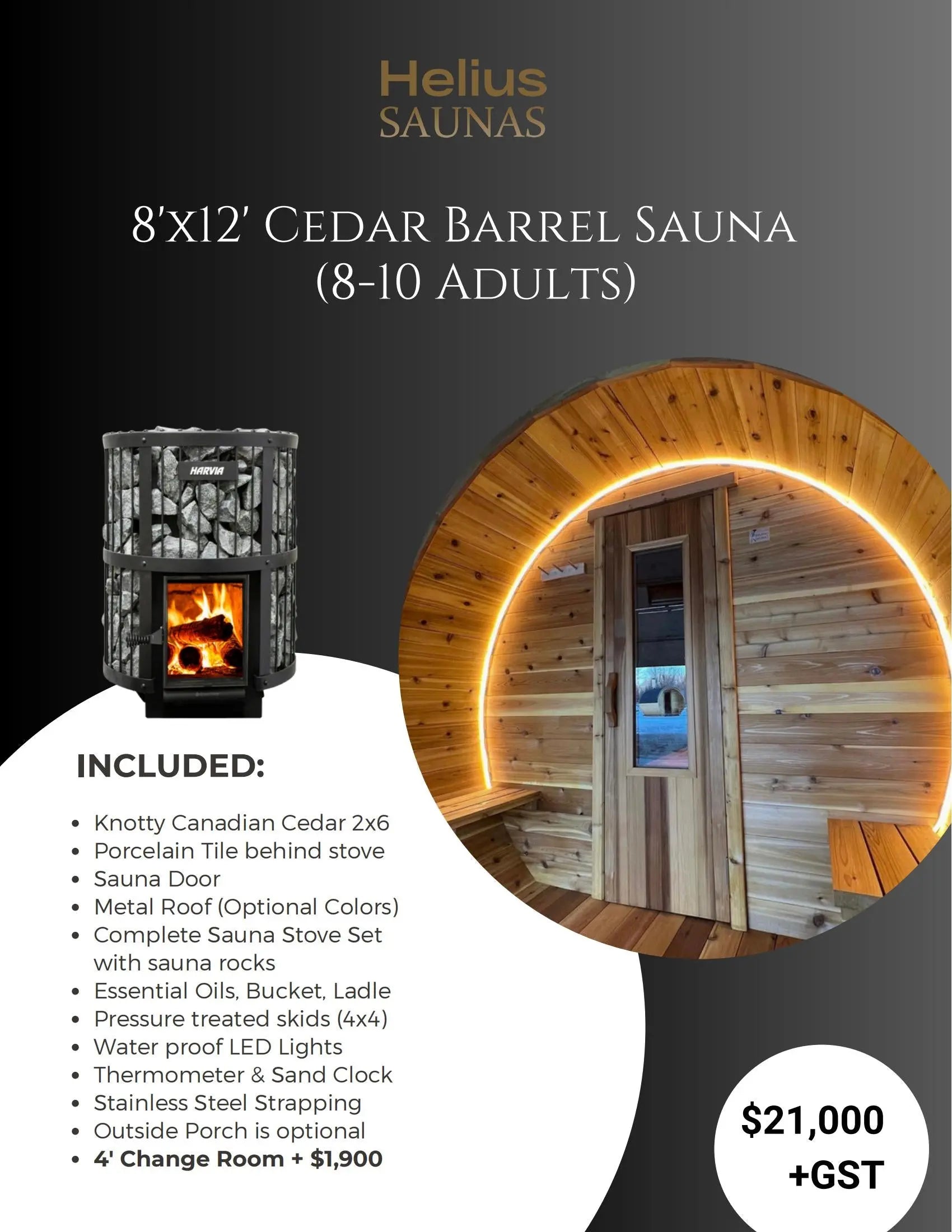 8'X12'CEDAR BARREL SAUNA(8-10 ADULTS) HELIUS