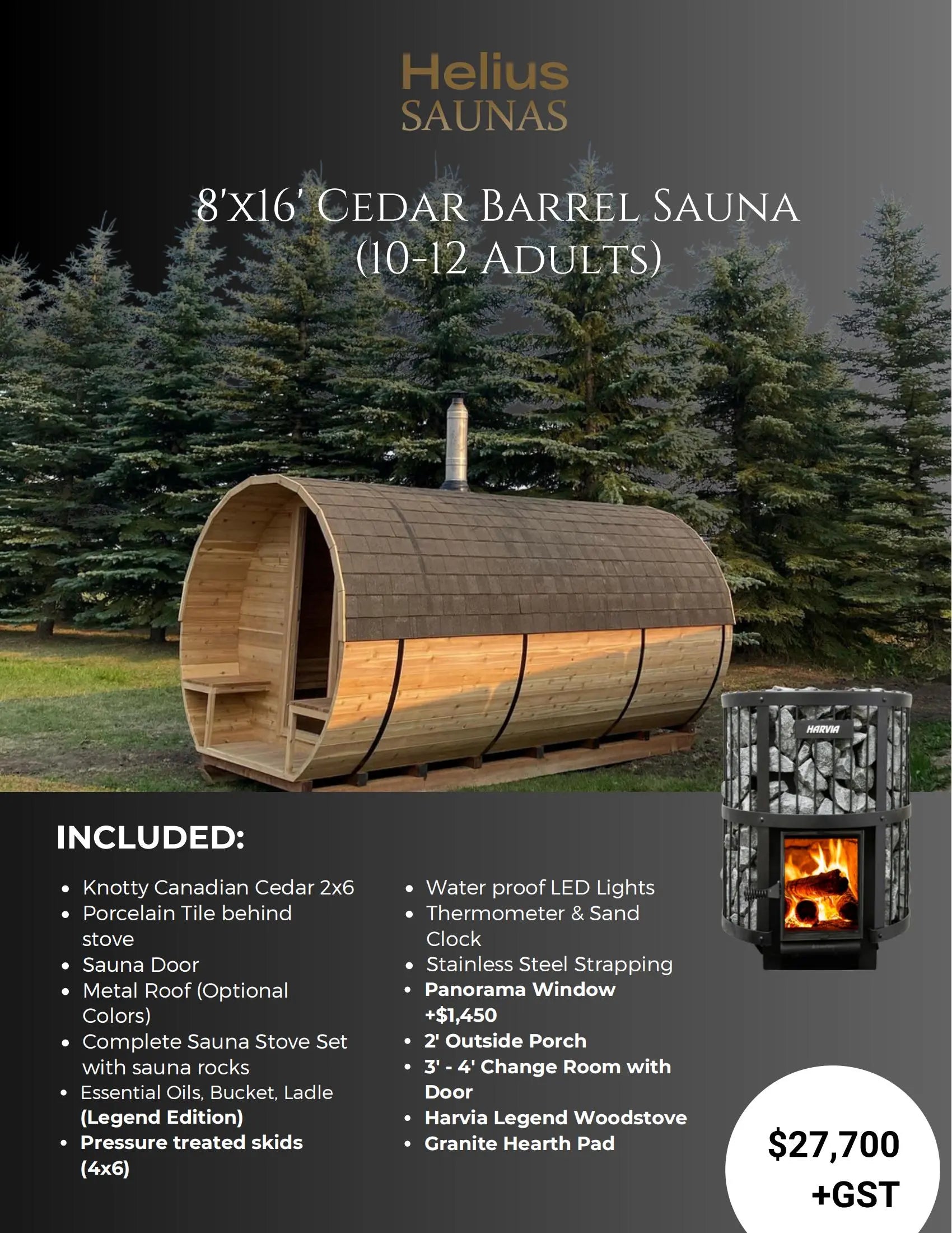 8'XI6 CEDAR BARREL SAUNA(10-12 ADULTS) HELIUS