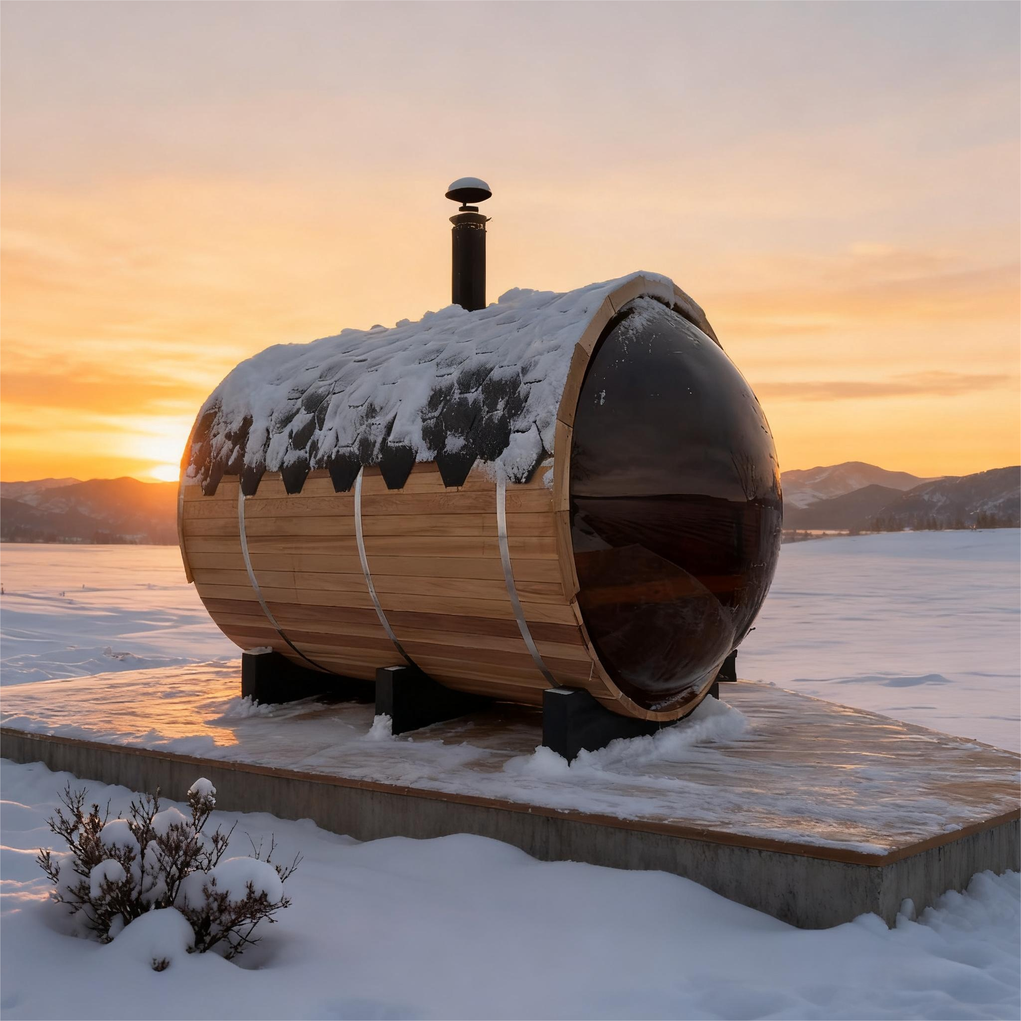 6 Person Outdoor barrel sauna with Front Porch and Panoramic Glass, Patchwork Red Cedar Barrel Sauna Kit with Outdoor Waterproof Tile, Wood-Burning Stove and More