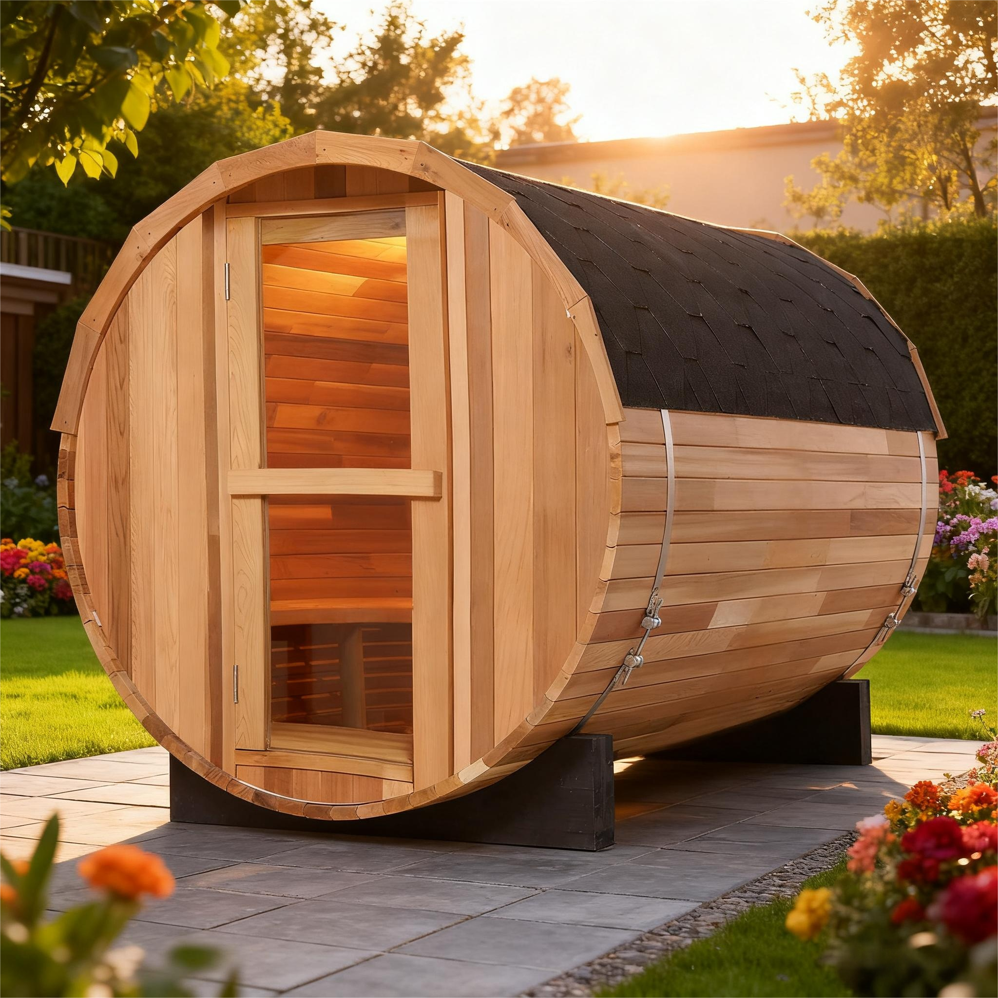 4 Person Outdoor Barrel Sauna, Patchwork Red Cedar Traditional Steam Barrel Sauna Kit with Half-viewing Window