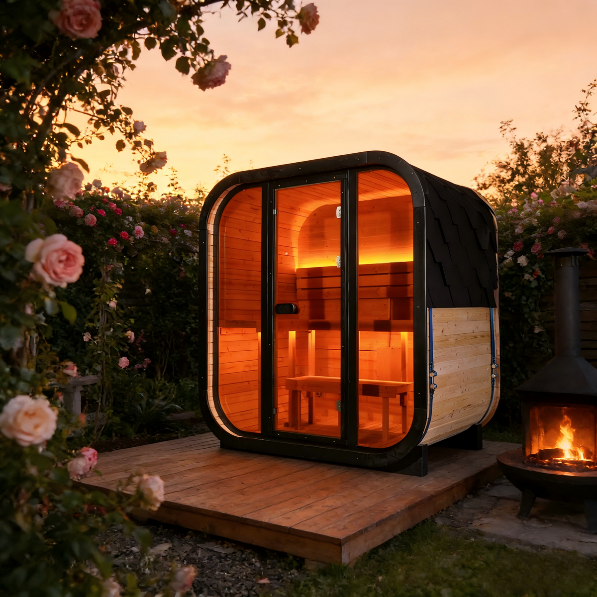 Traditional Outdoor Steam Sauna for 4 People – Thermo Spruce Wood, 6KW Heater, Tinted Glass Panels, Weather-Resistant Backyard Spa with LED Lighting