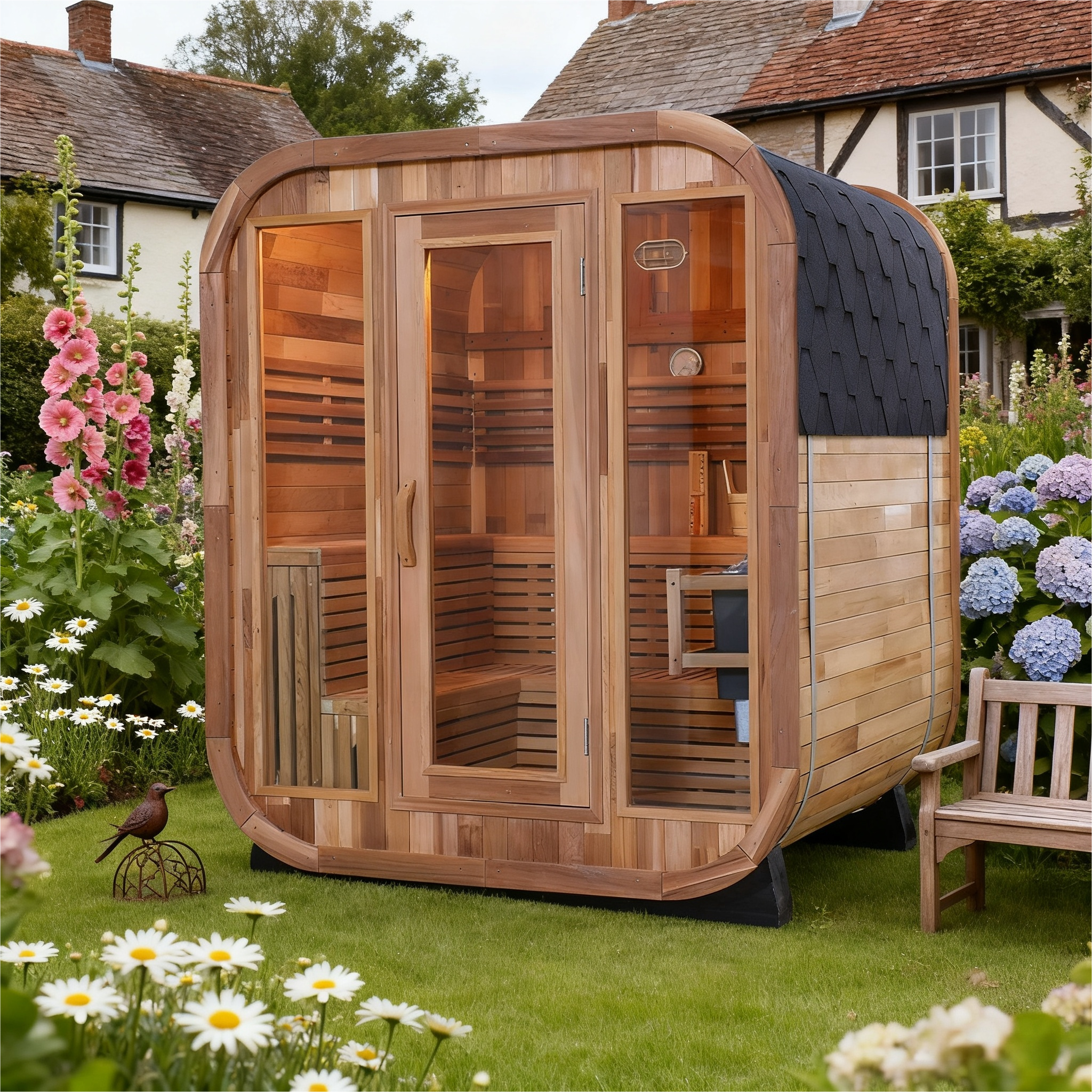 Outdoor Square Sauna, Patchwork Red Cedar Traditional Steam Sauna Kit with Outdoor Waterproof Tile and More