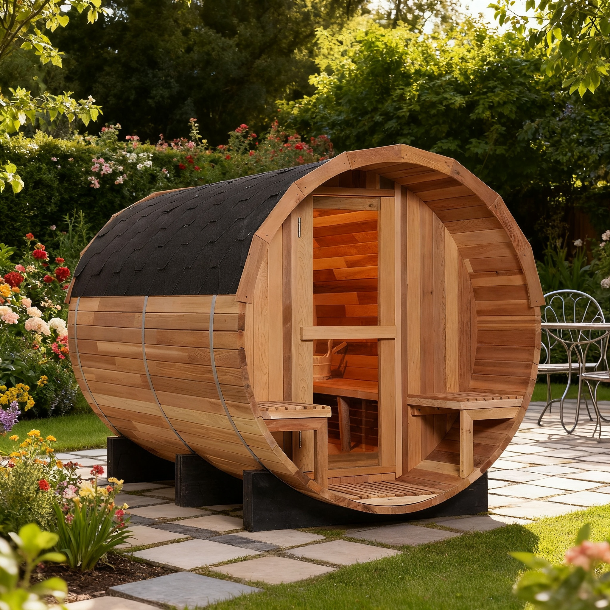 6 Person Outdoor Barrel Sauna with Front Porch, Patchwork Red Cedar Traditional Steam Barrel Sauna Kit with Outdoor Waterproof Tile and More