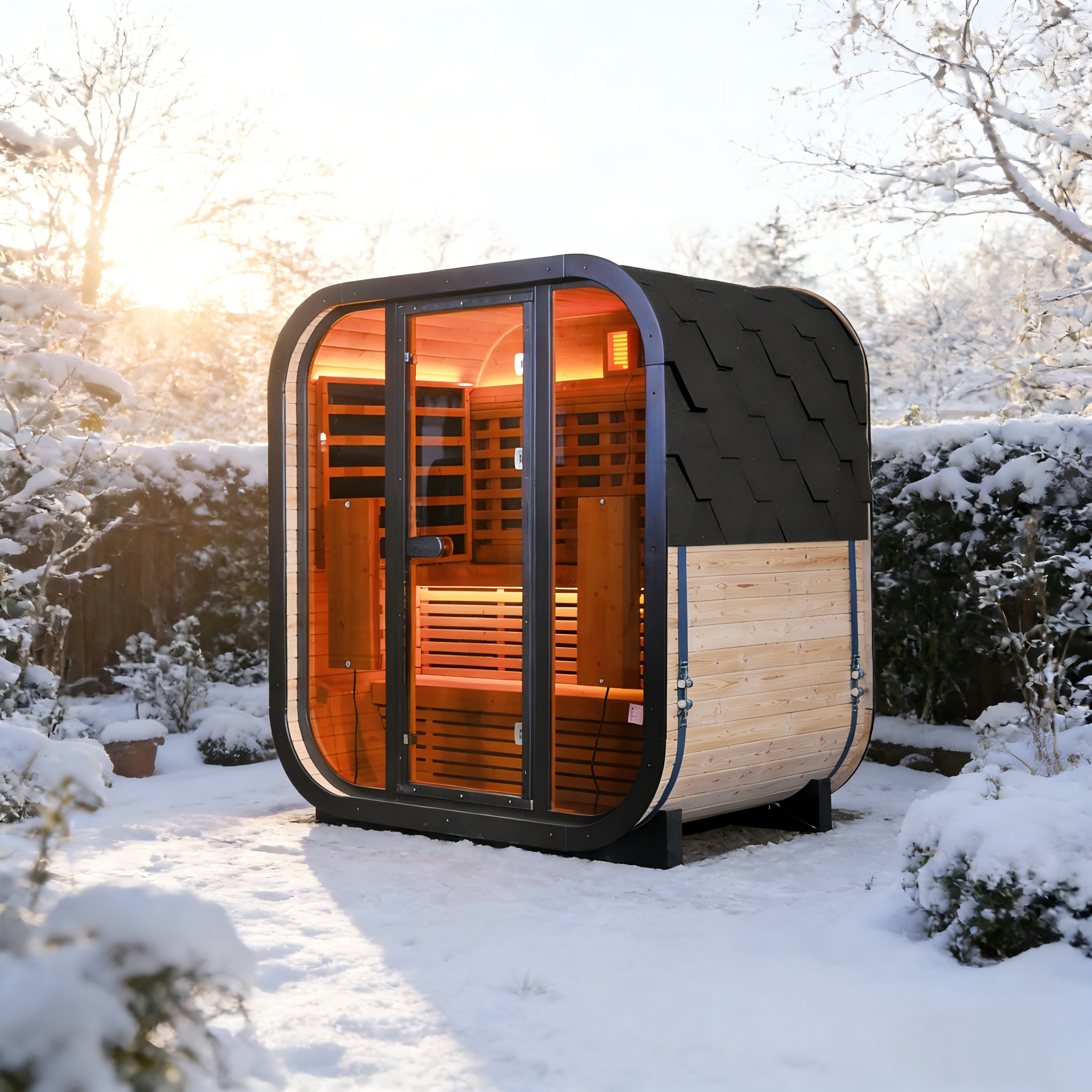 Outdoor Far Infrared Sauna for 4 Persons, Carbonized Spruce Wood Sauna Room with Dark Brown Tinted Glass, LED Chromotherapy Lights & Weather-Resistant Roof for Backyard/Patio Relaxation