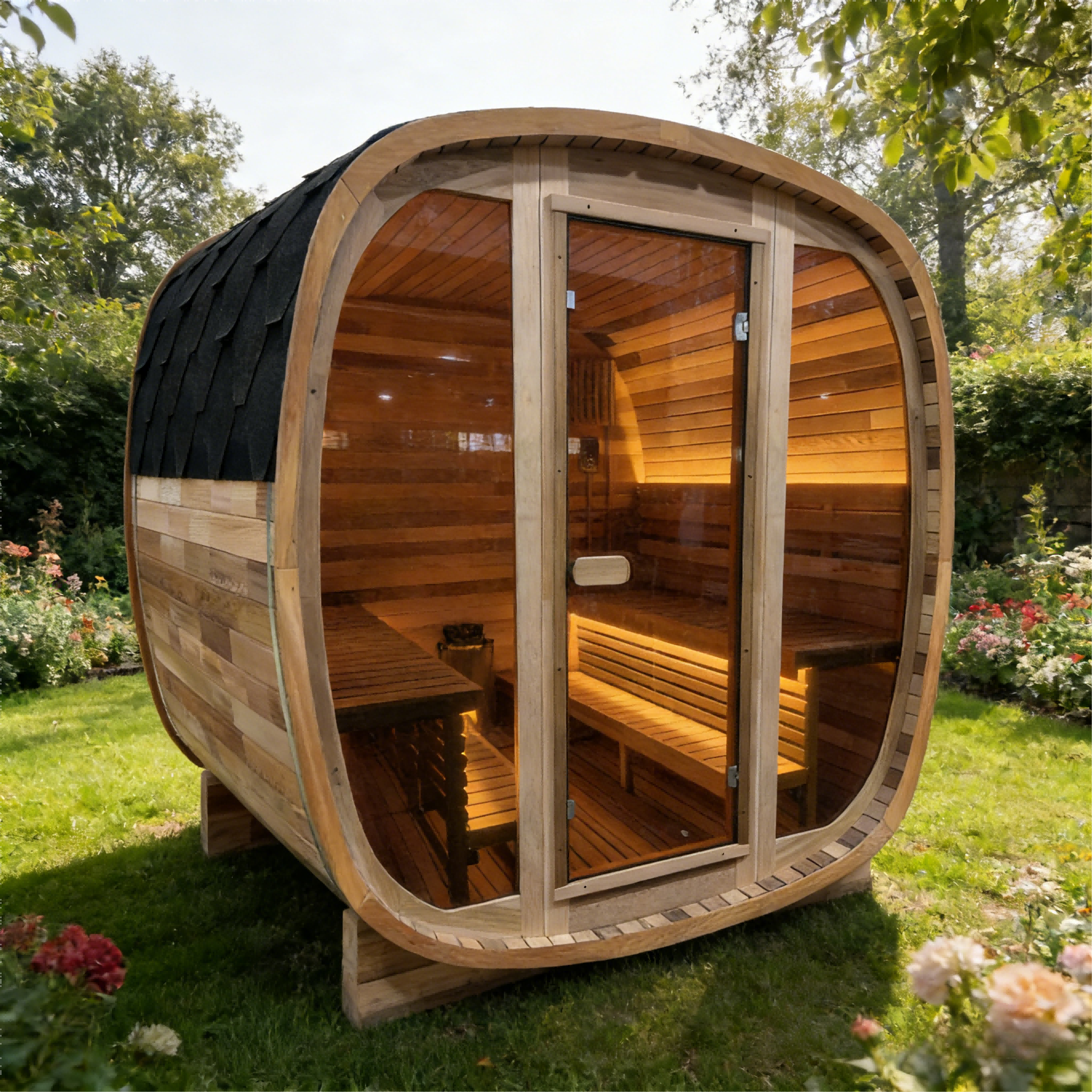 4-6 Person Tinted Glass Panel and Red Cedar Outdoor Square Traditional Steam Sauna, Weather-Resistant Solid Wood Sauna