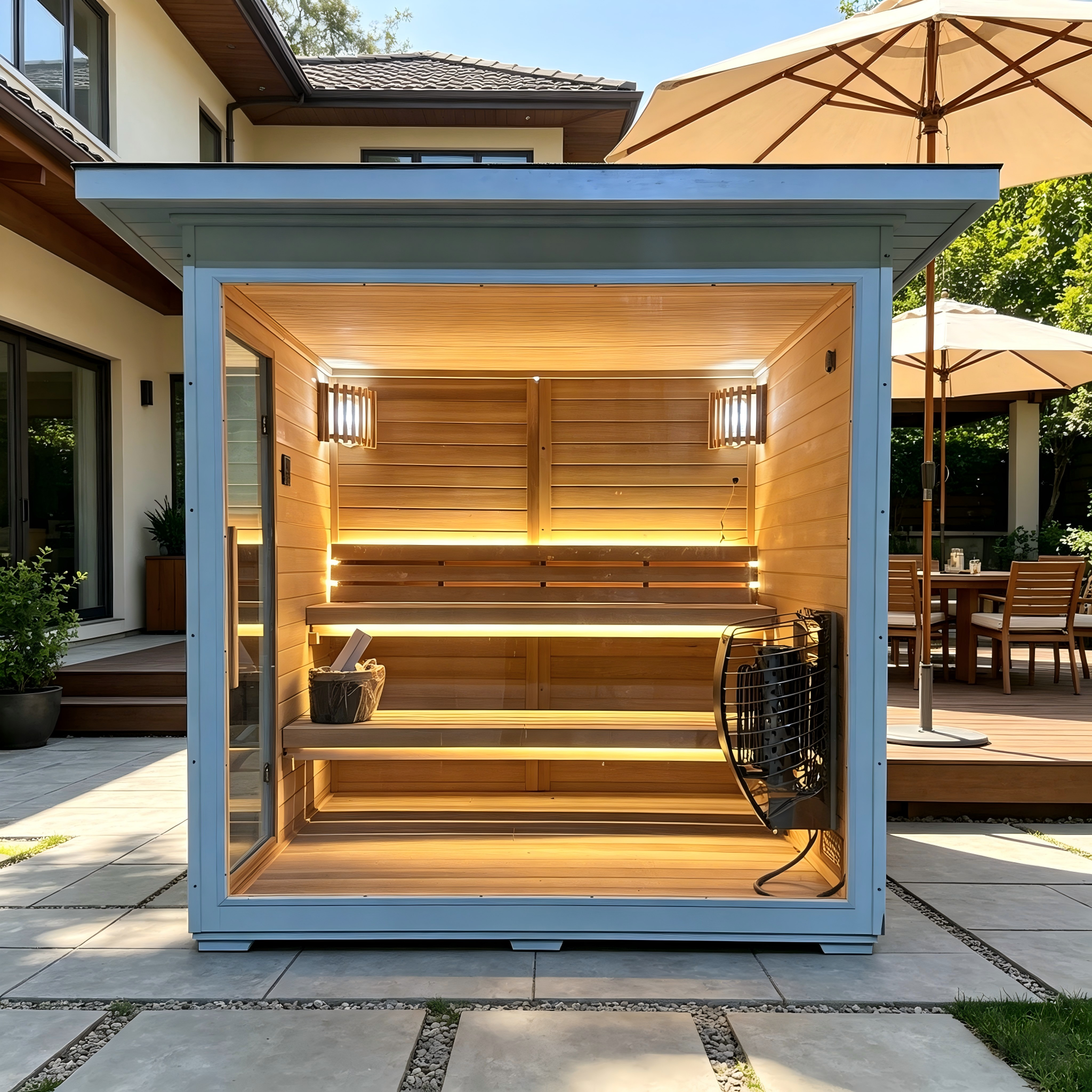 Canadian Red Cedar Outdoor Sauna, 4-5 Person Traditional Steam Sauna with 6KW Heater, Tempered Glass Front, LED Lighting, Bitumen Roof, Complete Accessories Kit for Indoor & Backyard Use