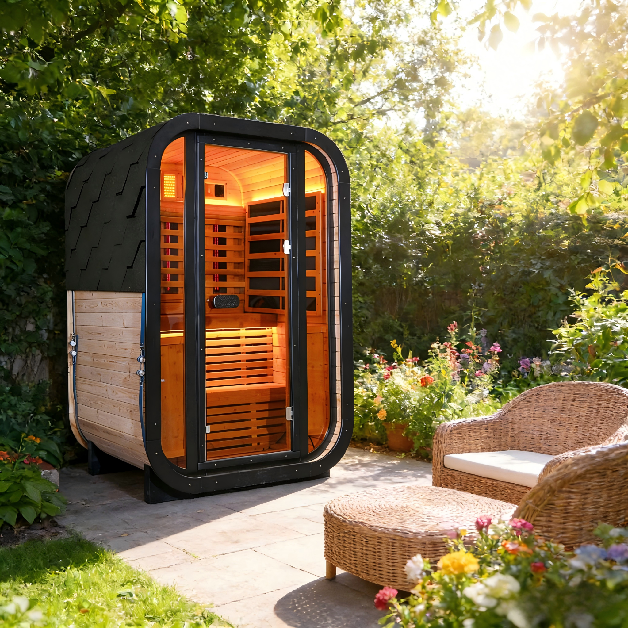 Outdoor Far Infrared Sauna – Carbonized Spruce Wood, Dark Tea-Tinted Glass, Far Infrared Heating Panels, LED Lights, Weather-Resistant Design for Patio, Garden