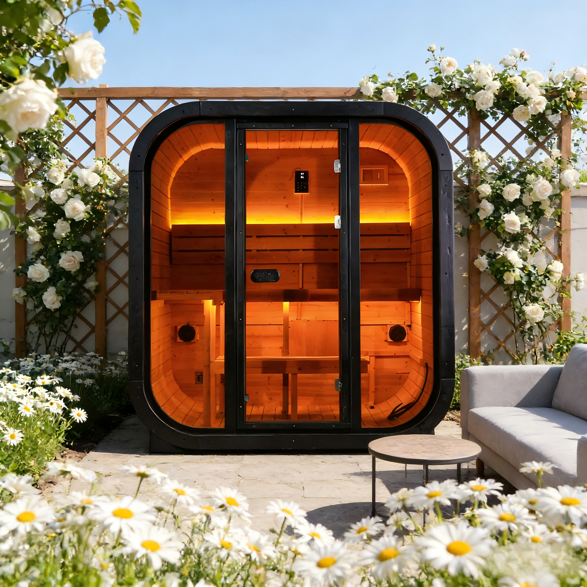Traditional Outdoor Steam Sauna for 4 People – Carbonized Spruce Wood, 6KW Heater, Tinted Glass Panels, Weather-Resistant Backyard Spa with LED Lighting