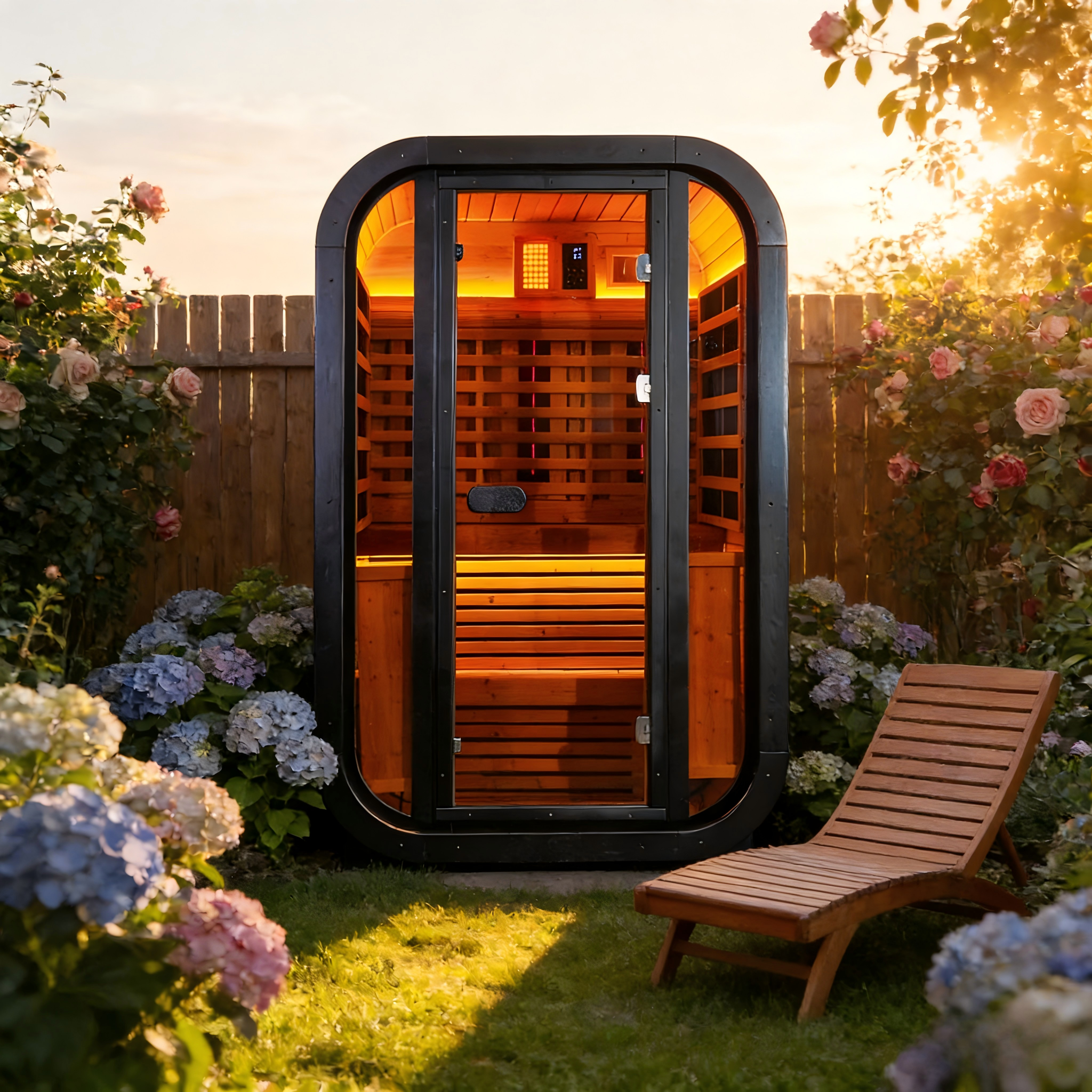Outdoor Far Infrared Sauna – Carbonized Spruce Wood, Dark Tea-Tinted Glass, Far Infrared Heating Panels, LED Lights, Weather-Resistant Design for Patio, Garden