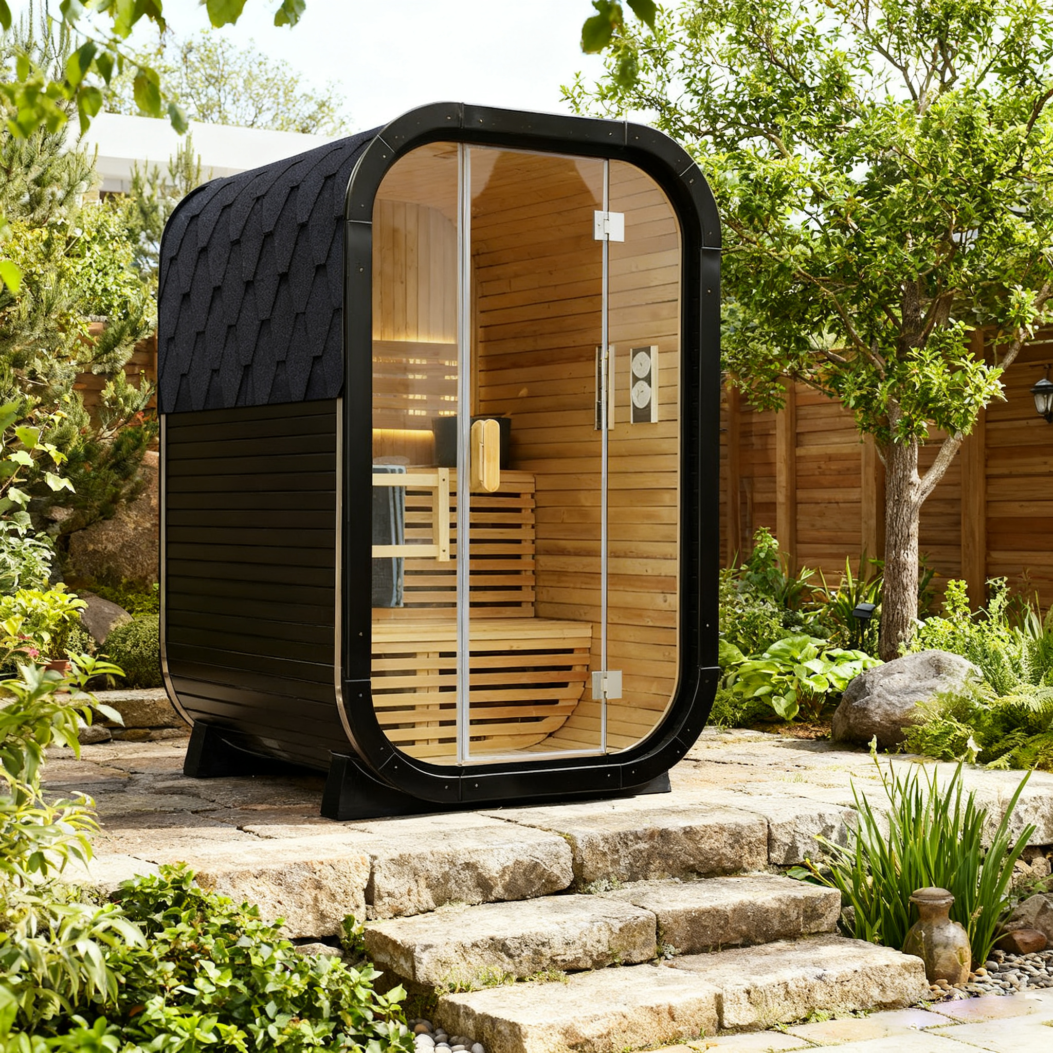 Carbonized Spruce Traditional Steam Outdoor Square Sauna for 1-2 Persons | Immersive Wooden Healing Private Outdoor Relaxation Space