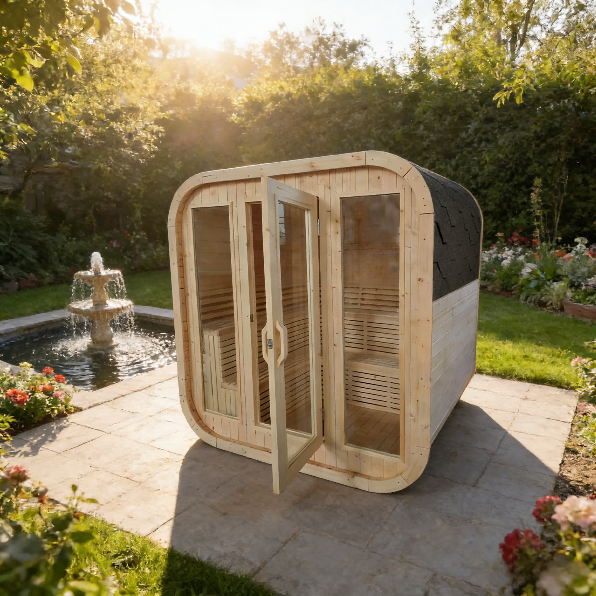 4-6 Person Outdoor Square Traditional White Pine Steam Sauna with Tempered Glass Panels & Weatherproof Roof