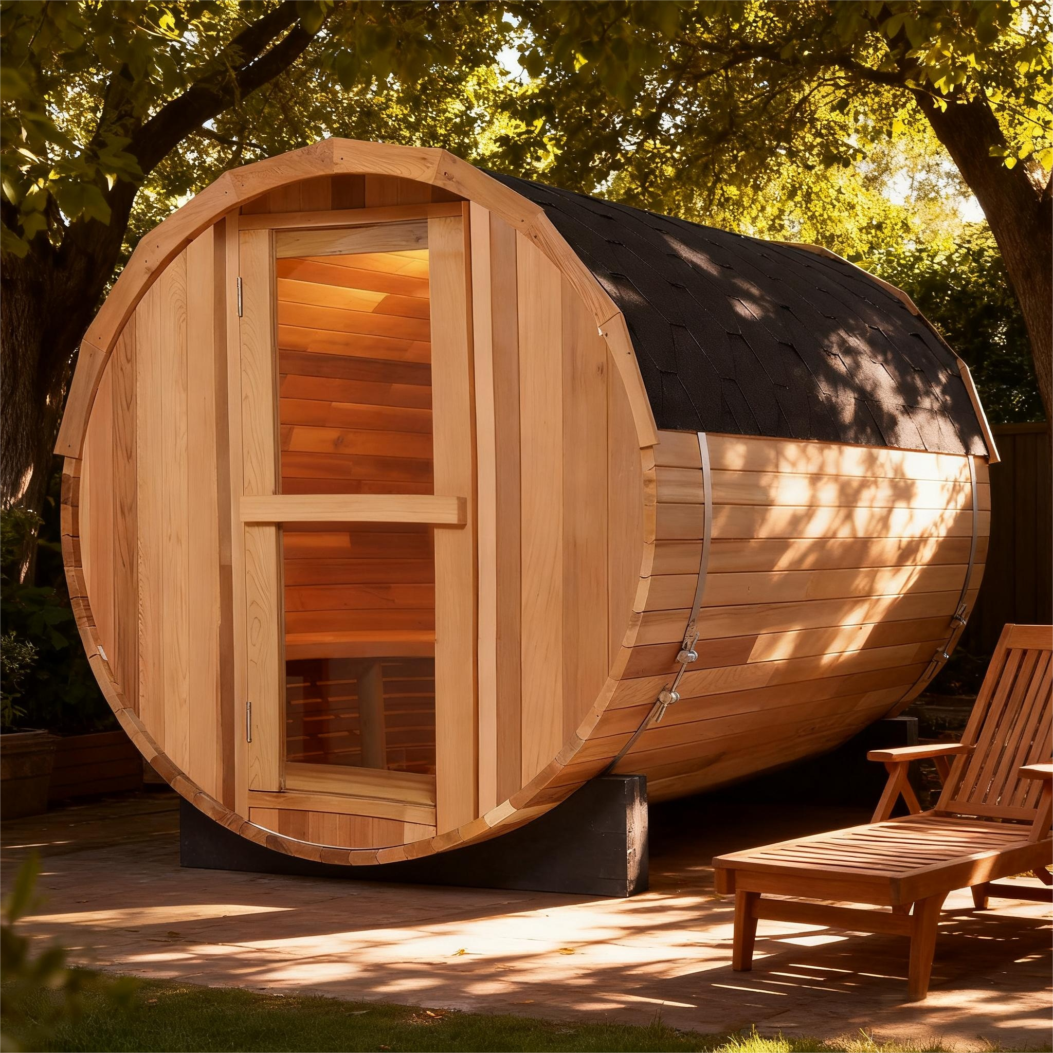 4 Person Outdoor Barrel Sauna, Patchwork Red Cedar Traditional Steam Barrel Sauna Kit with Outdoor Waterproof Tile and More