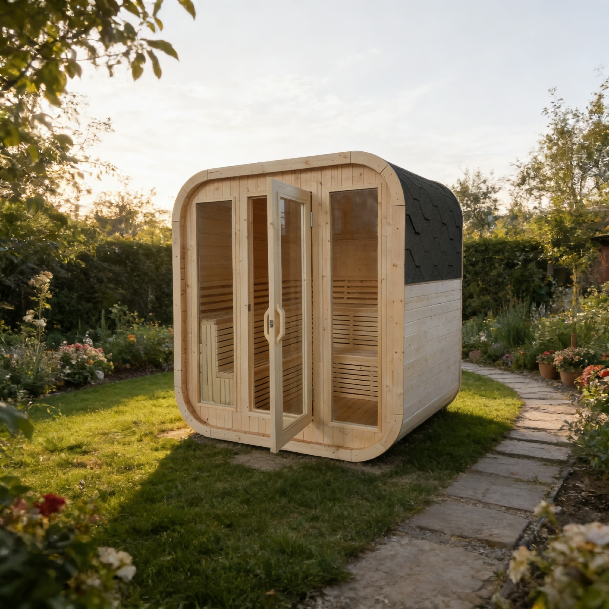 4-6 Person Outdoor Square Traditional White Pine Steam Sauna with Tempered Glass Panels & Weatherproof Roof