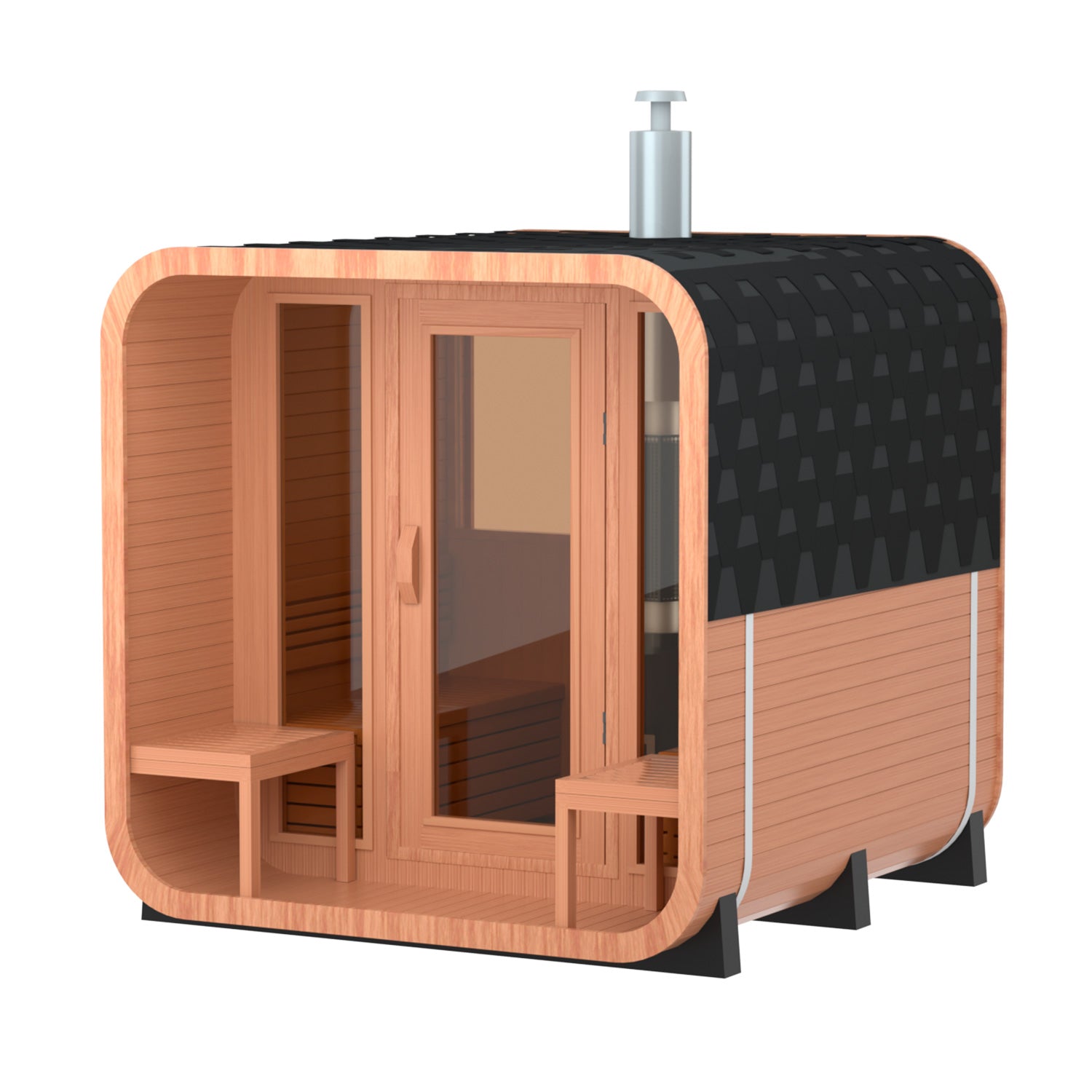 6-Person Patchwork Red Cedar Sauna With Wood-Burning Stove, Porches And Half-Viewing Window