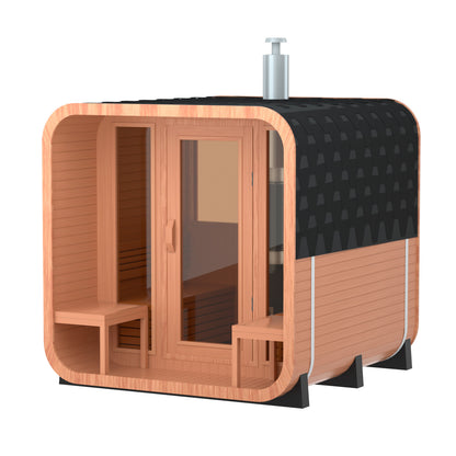 6-Person Patchwork Red Cedar Sauna With Wood-Burning Stove, Porches And Half-Viewing Window