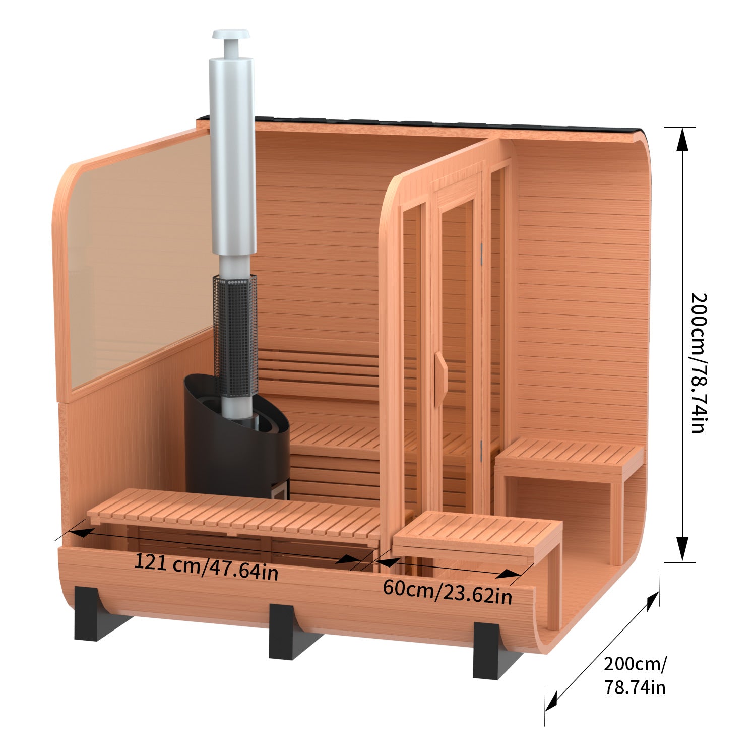 6-Person Patchwork Red Cedar Sauna With Wood-Burning Stove, Porches And Half-Viewing Window