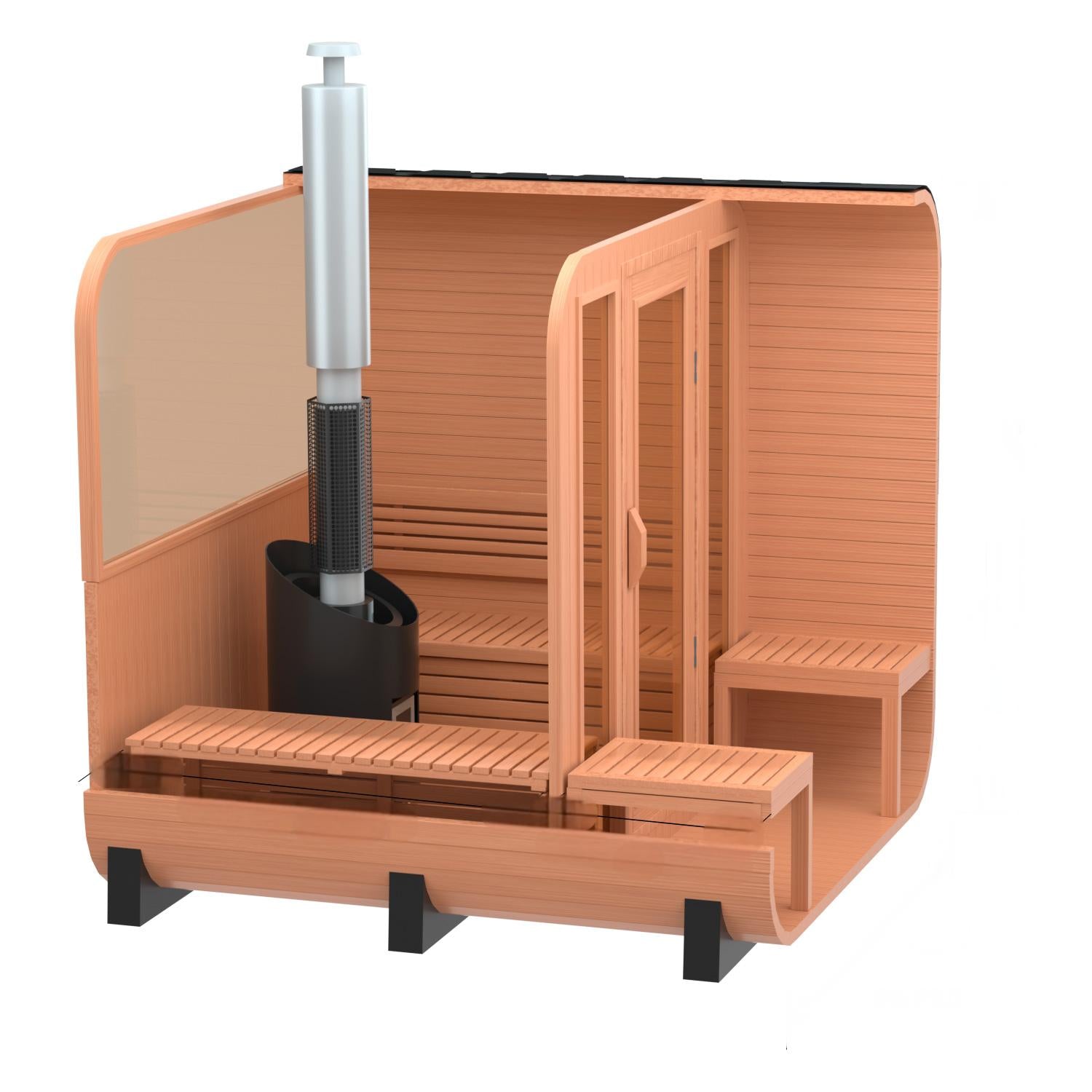 6-Person Patchwork Red Cedar Sauna With Wood-Burning Stove, Porches And Half-Viewing Window