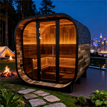 New 4-6 person Black Square Premium Patchwork Red Cedar Outdoor Sauna