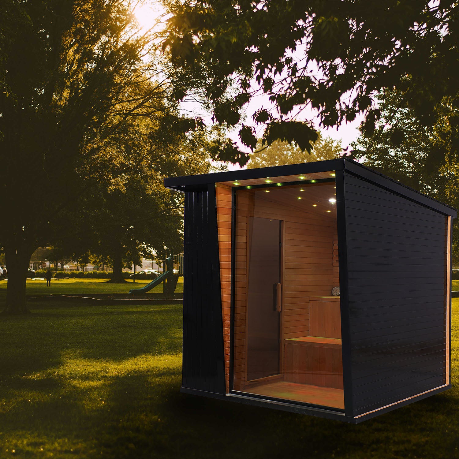 Outdoor Black Square Traditional Steam Sauna Cabin | Classic Canadian Hemlock Wood Detox Experience