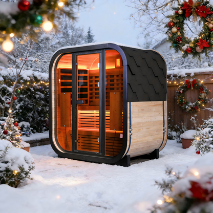 Outdoor Far Infrared Sauna for 4 Persons, Carbonized Spruce Wood Sauna Room with Dark Brown Tinted Glass, LED Chromotherapy Lights & Weather-Resistant Roof for Backyard/Patio Relaxation