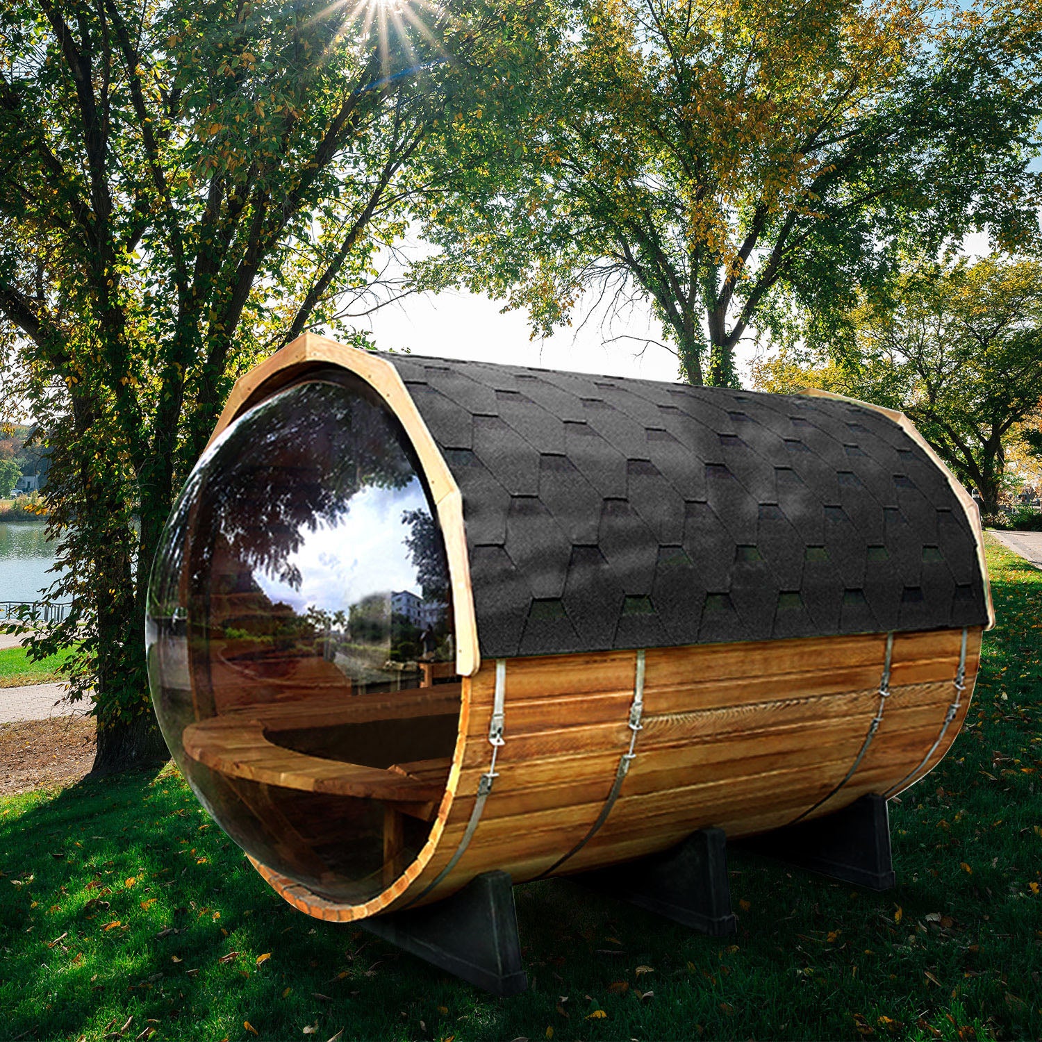 6-Person Patchwork Red Cedar Sauna With Stove And Panoramic Glass
