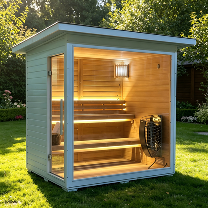Canadian Red Cedar Outdoor Sauna, 4-5 Person Traditional Steam Sauna with 6KW Heater, Tempered Glass Front, LED Lighting, Bitumen Roof, Complete Accessories Kit for Indoor & Backyard Use