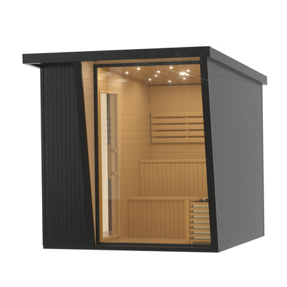 Outdoor Black Square Traditional Steam Sauna Cabin | Classic Canadian Hemlock Wood Detox Experience