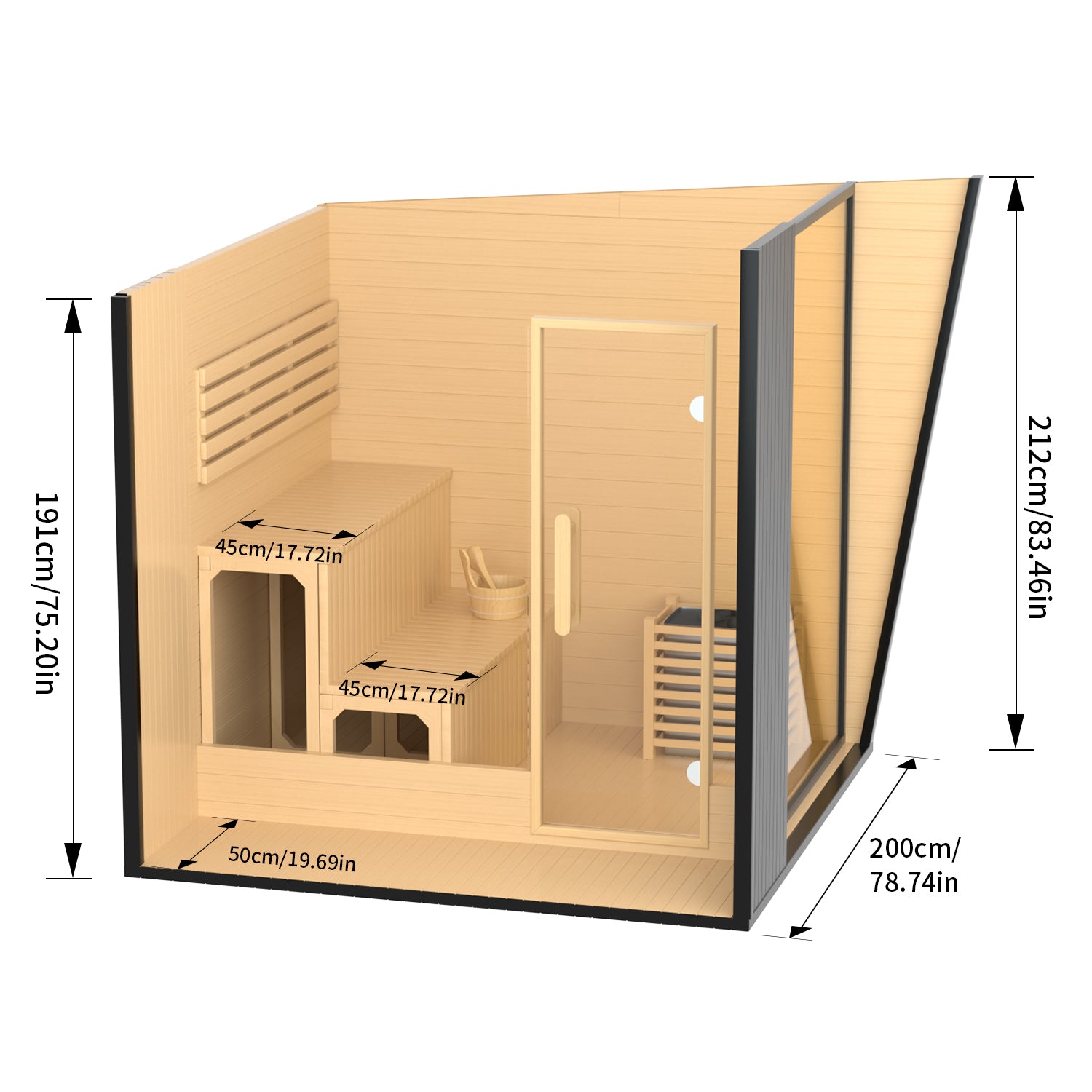 Outdoor Black Square Traditional Steam Sauna Cabin | Classic Canadian Hemlock Wood Detox Experience