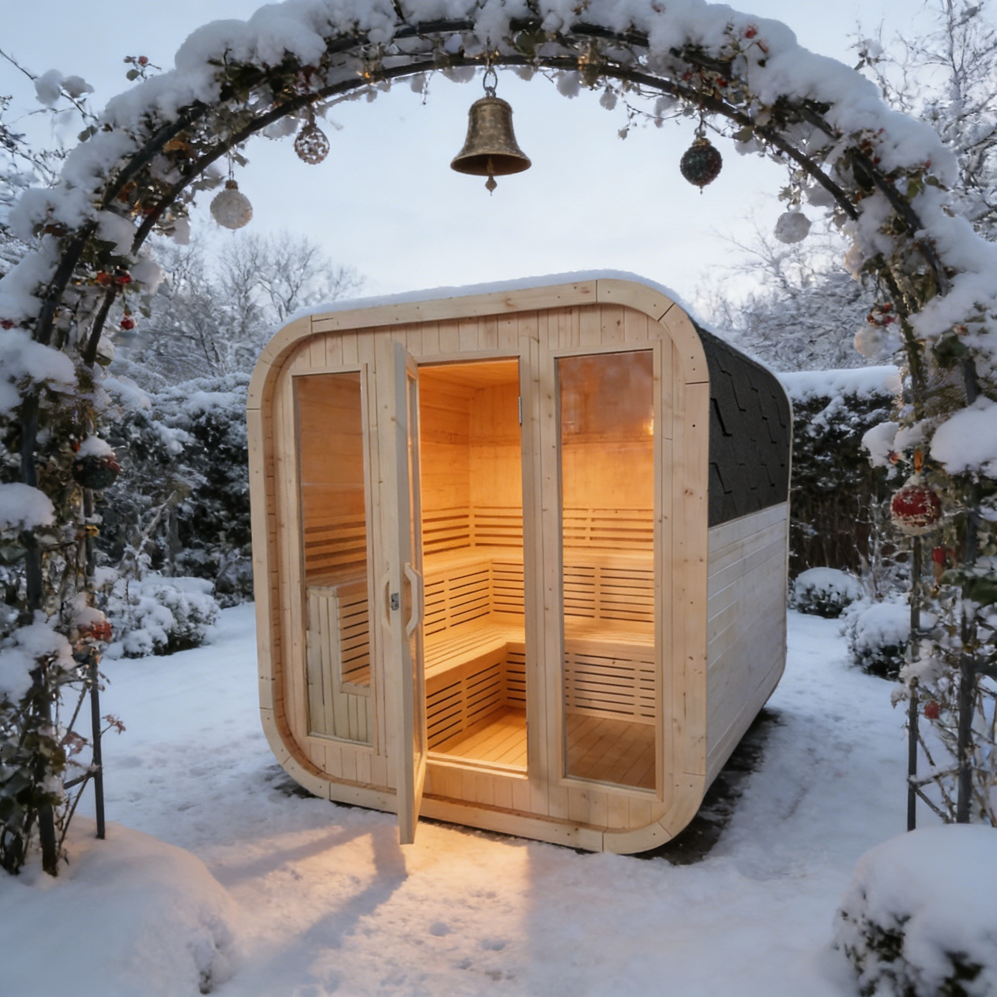 4-6 Person Outdoor Square Traditional White Pine Steam Sauna with Tempered Glass Panels & Weatherproof Roof