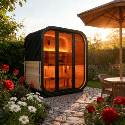 Traditional Outdoor Steam Sauna for 4 People – Carbonized Spruce Wood, 6KW Heater, Tinted Glass Panels, Weather-Resistant Backyard Spa with LED Lighting