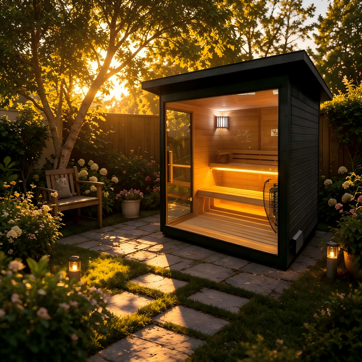 Canadian Red Cedar Outdoor Sauna, 4-5 Person Traditional Steam Sauna with 6KW WIFI Control Heater, Tempered Glass Front, LED Lighting, Bitumen Roof, Complete Accessories Kit for Outdoor & Backyard Use