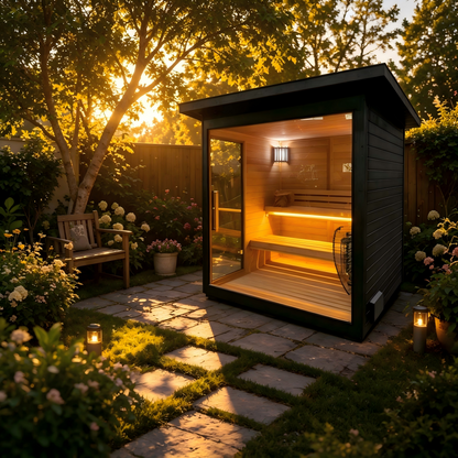 Canadian Red Cedar Outdoor Sauna, 4-5 Person Traditional Steam Sauna with 6KW WIFI Control Heater, Tempered Glass Front, LED Lighting, Bitumen Roof, Complete Accessories Kit for Outdoor & Backyard Use