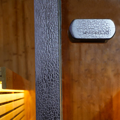 Black Outdoor Traditional Steam Sauna Square Carbonized Spruce Black Print with Textured Black Tempered Glass