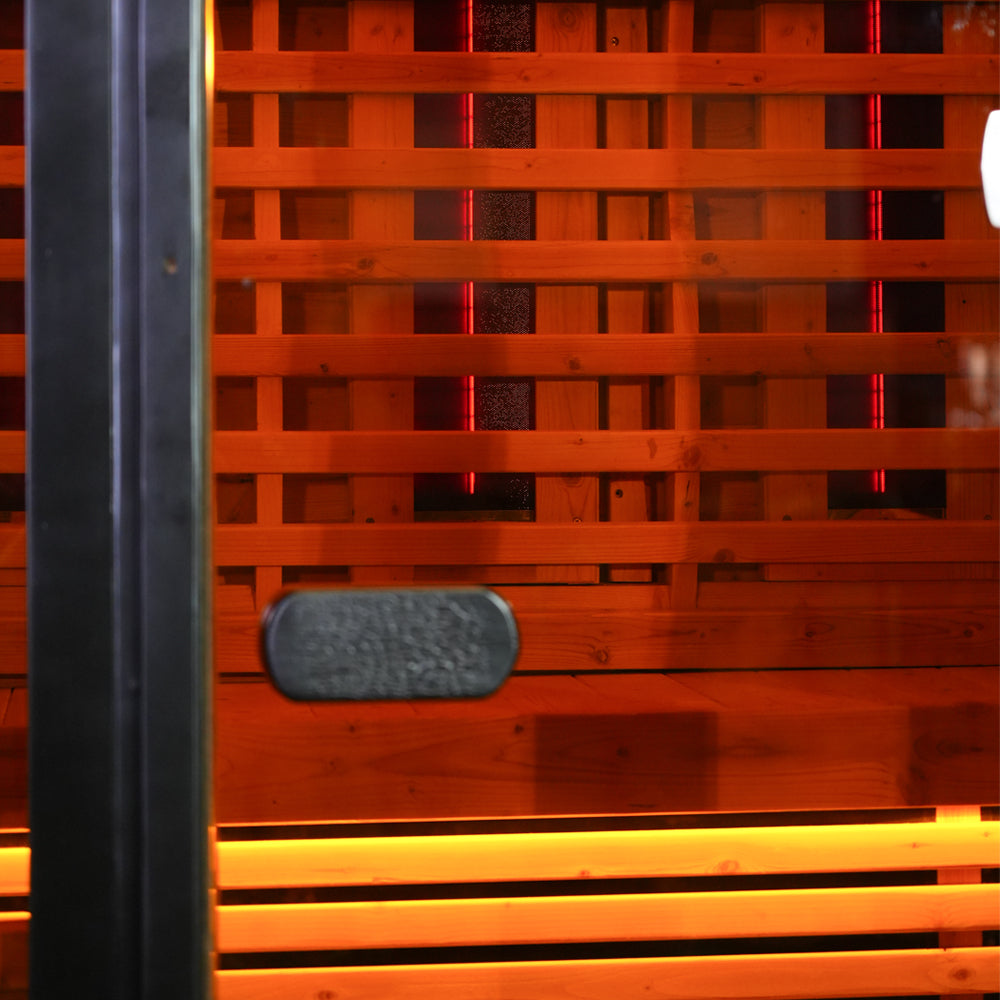 Outdoor Far Infrared Sauna – Carbonized Spruce Wood, Dark Tea-Tinted Glass, Far Infrared Heating Panels, LED Lights, Weather-Resistant Design for Patio, Garden