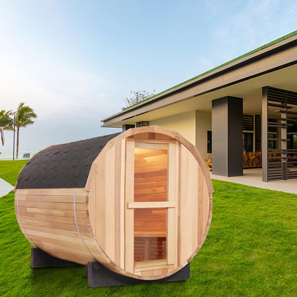 4 Person Outdoor Barrel Sauna, Patchwork Red Cedar Traditional Steam Barrel Sauna Kit with Outdoor Waterproof Tile and More