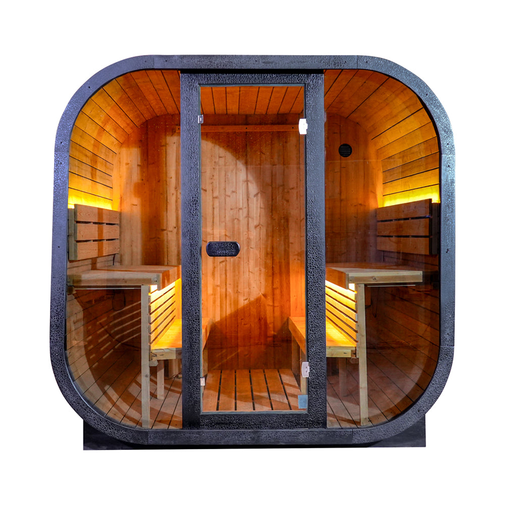 Black Outdoor Traditional Steam Sauna Square Carbonized Spruce Black Print with Textured Black Tempered Glass