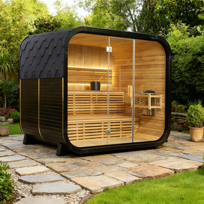 Outdoor Traditional Square Steam Sauna, Thermo Spruce Wood Sauna Room with Weatherproof Asphalt Shingle Roof, Home Spa Sauna Kit with Tempered Glass Door & Sauna Accessories, Outdoor Use for Relaxation