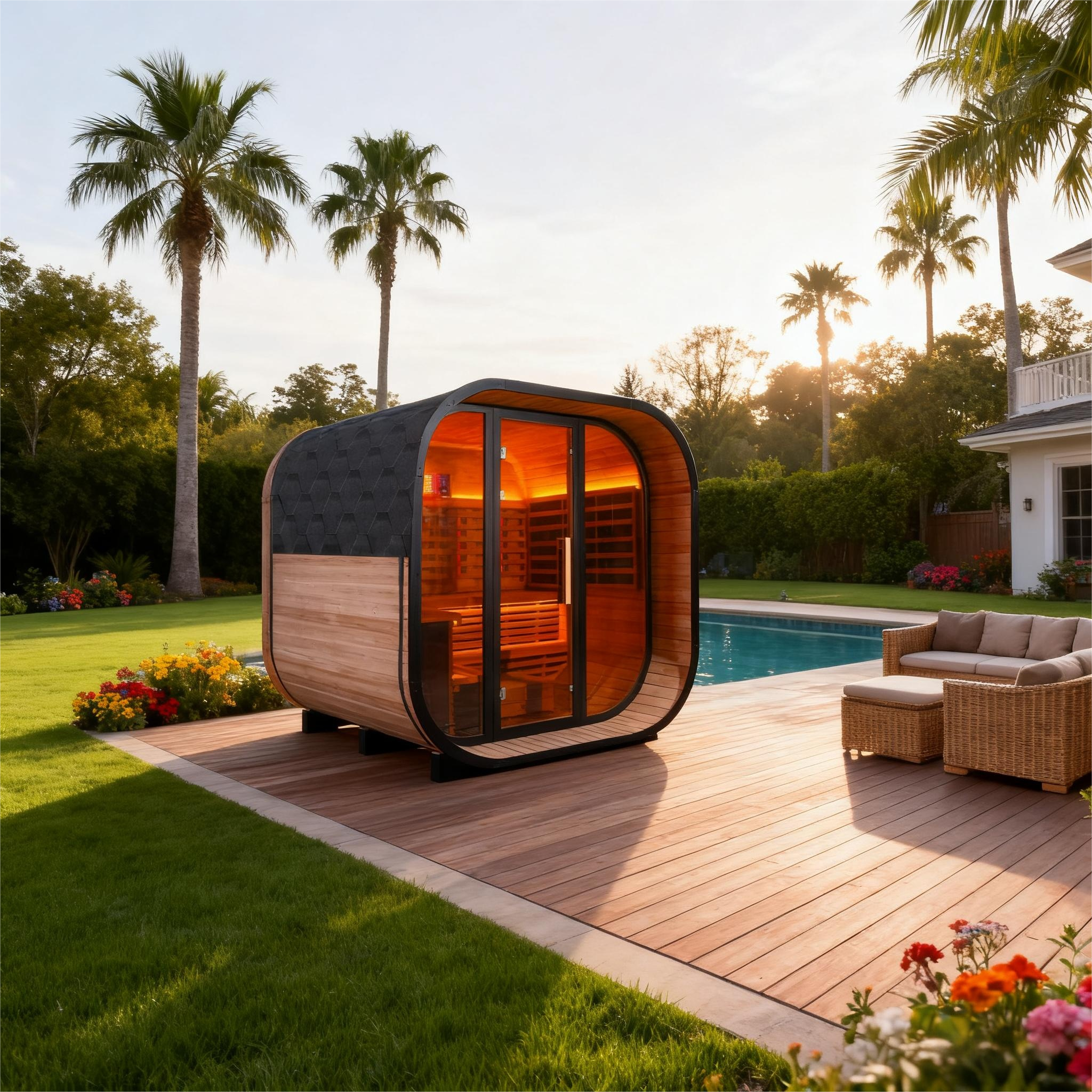 6 - Person Traditional Square Far - Infrared Sauna with Amber Glass