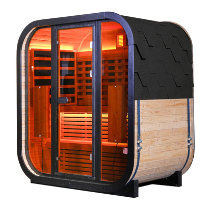 Outdoor Far Infrared Sauna for 4 Persons, Carbonized Spruce Wood Sauna Room with Dark Brown Tinted Glass, LED Chromotherapy Lights & Weather-Resistant Roof for Backyard/Patio Relaxation