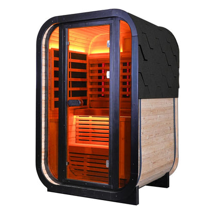 Outdoor Far Infrared Sauna – Carbonized Spruce Wood, Dark Tea-Tinted Glass, Far Infrared Heating Panels, LED Lights, Weather-Resistant Design for Patio, Garden