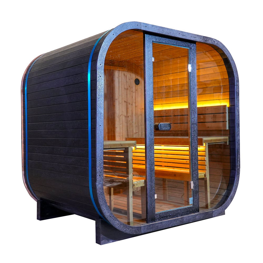 Black Outdoor Traditional Steam Sauna Square Carbonized Spruce Black Print with Textured Black Tempered Glass