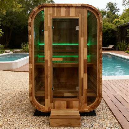Outdoor Square Traditional Steam Sauna with Red Cedar Wood Construction – Premium Outdoor Sauna for Home Wellness & Relaxation
