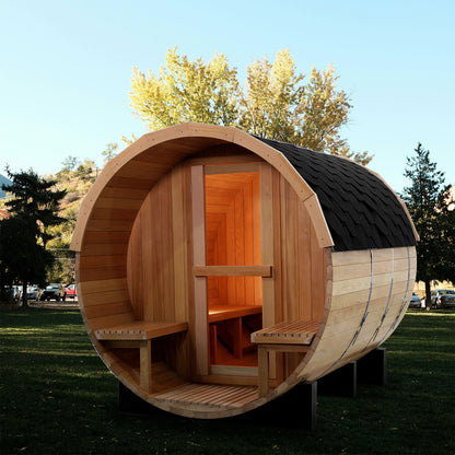6 Person Outdoor Barrel Sauna with Front Porch, Canadian Hemlock Traditional Steam Barrel Sauna Kit with Outdoor Waterproof Tile, Lava Rocks and More