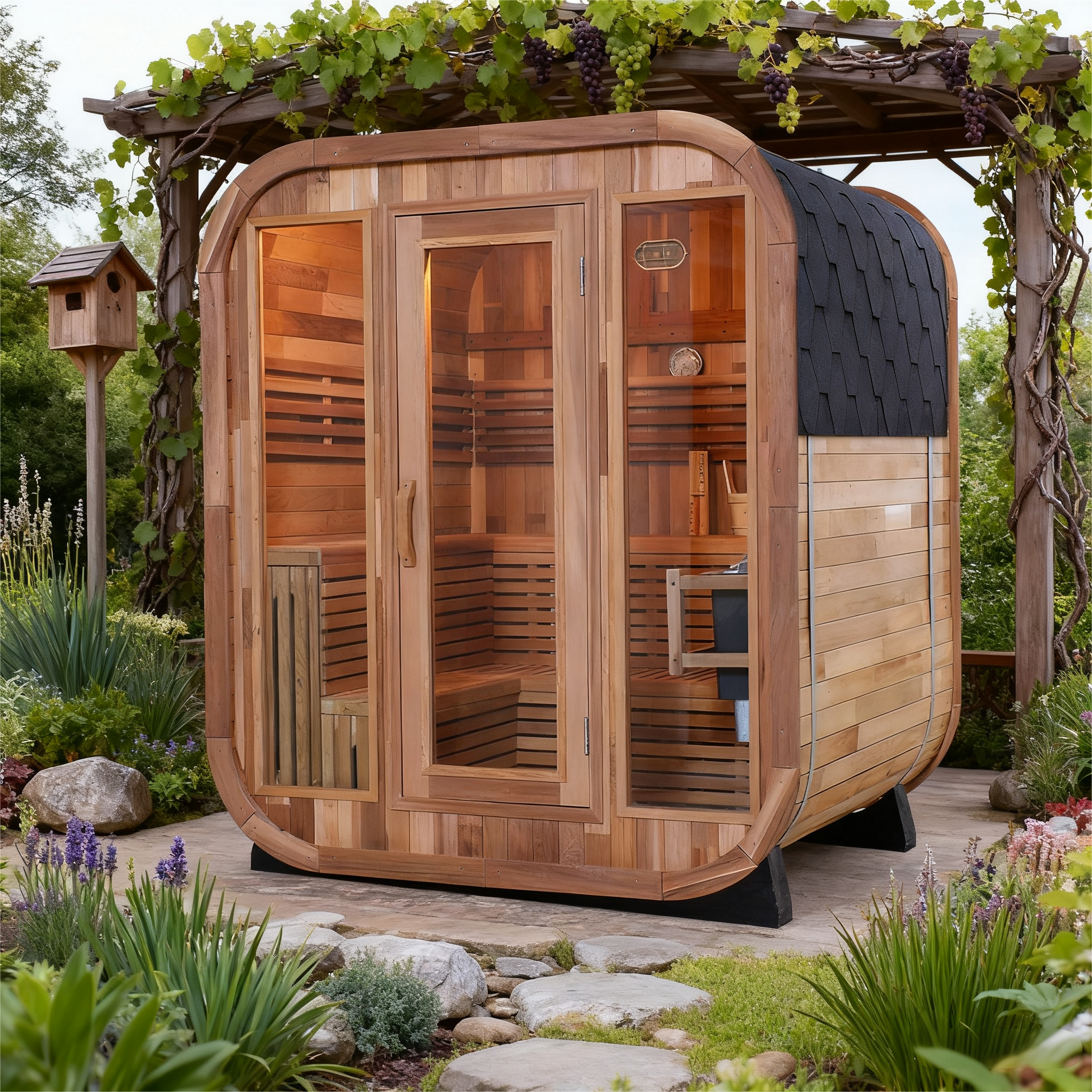 Outdoor Square Sauna, Patchwork Red Cedar Traditional Steam Sauna Kit with Outdoor Waterproof Tile and More