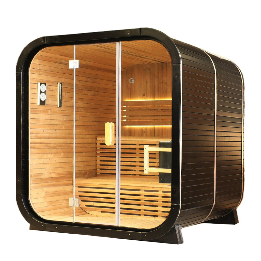 Outdoor Traditional Square Steam Sauna, Carbonized Spruce Wood Sauna Room, Home Spa Sauna Kit with Tempered Glass Door, Outdoor Use for Relaxation, Wellness